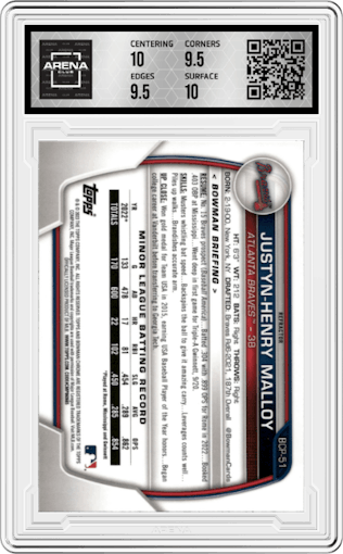 Justyn-Henry Malloy from the 2023 Bowman  set featuring a Lunar Glow Refractor  parallel graded by Arena Club and given an overall grade of 10.