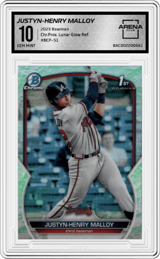 Justyn-Henry Malloy from the 2023 Bowman  set featuring a Lunar Glow Refractor  parallel graded by Arena Club and given an overall grade of 10.