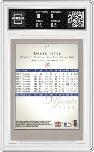 Derek Jeter from the 2003 Fleer Rookies & Greats set graded by Arena Club and given an overall grade of 9.