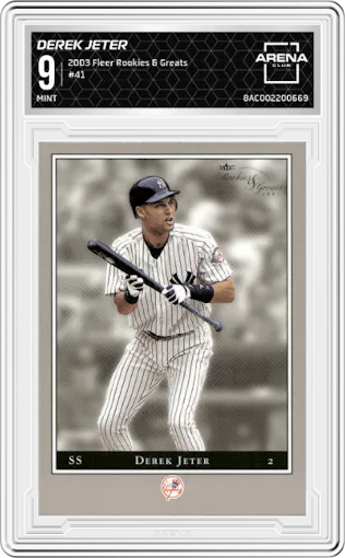 Derek Jeter from the 2003 Fleer Rookies & Greats set graded by Arena Club and given an overall grade of 9.