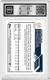 Anthony Volpe from the 2023 Topps Chrome set featuring a Refractor parallel graded by Arena Club and given an overall grade of 10.