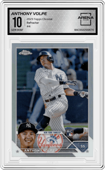 Anthony Volpe from the 2023 Topps Chrome set featuring a Refractor parallel graded by Arena Club and given an overall grade of 10.