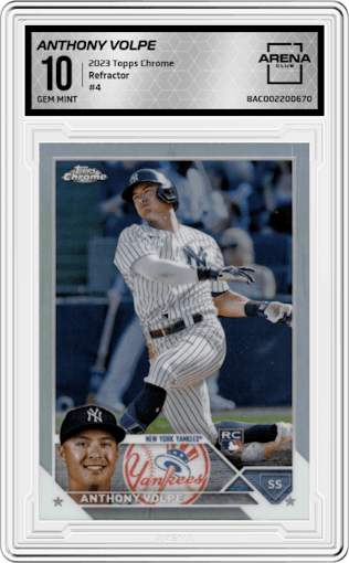 Anthony Volpe from the 2023 Topps Chrome set featuring a Refractor parallel graded by Arena Club and given an overall grade of 10.