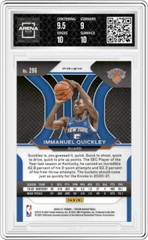 Immanuel Quickley from the 2020-21 Panini Prizm set featuring a Orange Ice parallel graded by Arena Club and given an overall grade of 9.5.