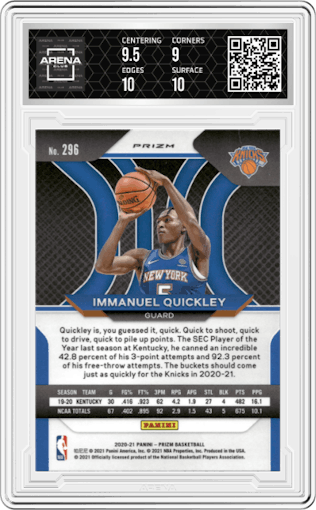 Immanuel Quickley from the 2020-21 Panini Prizm set featuring a Orange Ice parallel graded by Arena Club and given an overall grade of 9.5.