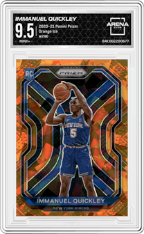 Immanuel Quickley from the 2020-21 Panini Prizm set featuring a Orange Ice parallel graded by Arena Club and given an overall grade of 9.5.