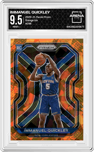 Immanuel Quickley from the 2020-21 Panini Prizm set featuring a Orange Ice parallel graded by Arena Club and given an overall grade of 9.5.