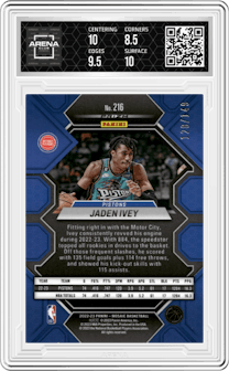 Jaden Ivey from the 2022-23 Panini Mosaic set featuring a Pink Mosaic parallel graded by Arena Club and given an overall grade of 9.