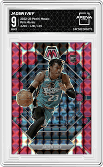 Jaden Ivey from the 2022-23 Panini Mosaic set featuring a Pink Mosaic parallel graded by Arena Club and given an overall grade of 9.