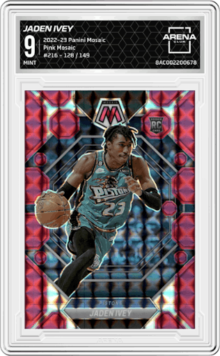 Jaden Ivey from the 2022-23 Panini Mosaic set featuring a Pink Mosaic parallel graded by Arena Club and given an overall grade of 9.