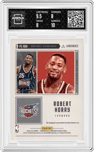 Robert Horry from the 2022-23 Panini Chronicles  set featuring a Blue parallel graded by Arena Club and given an overall grade of 8.5.