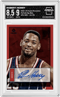 Robert Horry from the 2022-23 Panini Chronicles  set featuring a Blue parallel graded by Arena Club and given an overall grade of 8.5.