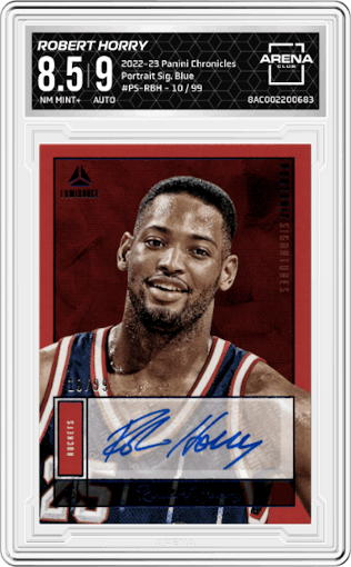 Robert Horry from the 2022-23 Panini Chronicles  set featuring a Blue parallel graded by Arena Club and given an overall grade of 8.5.