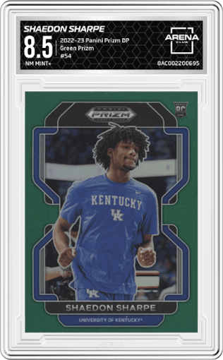Shaedon Sharpe from the 2022-23 Panini Prizm Draft Picks set featuring a Green Prizm parallel graded by Arena Club and given an overall grade of 8.5.