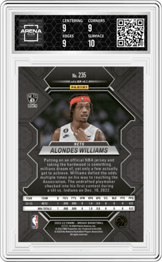 Alondes Williams from the 2022-23 Panini Mosaic set featuring a Mosaic parallel graded by Arena Club and given an overall grade of 9.