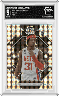 Alondes Williams from the 2022-23 Panini Mosaic set featuring a Mosaic parallel graded by Arena Club and given an overall grade of 9.