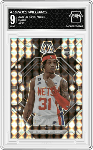 Alondes Williams from the 2022-23 Panini Mosaic set featuring a Mosaic parallel graded by Arena Club and given an overall grade of 9.