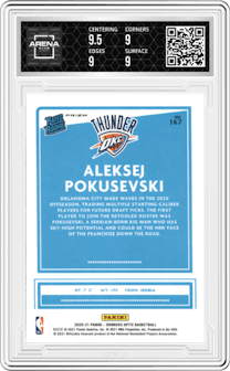 Aleksej Pokusevski from the 2020-21 Panini Donruss Optic set featuring a Hyper Pink parallel graded by Arena Club and given an overall grade of 9.