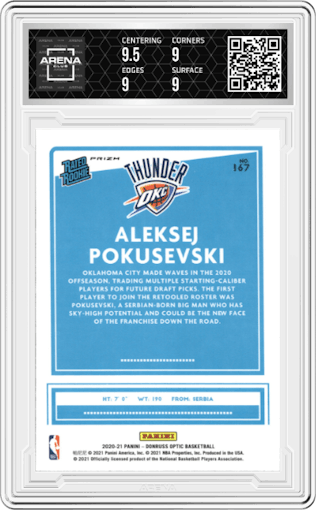 Aleksej Pokusevski from the 2020-21 Panini Donruss Optic set featuring a Hyper Pink parallel graded by Arena Club and given an overall grade of 9.