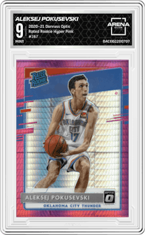 Aleksej Pokusevski from the 2020-21 Panini Donruss Optic set featuring a Hyper Pink parallel graded by Arena Club and given an overall grade of 9.
