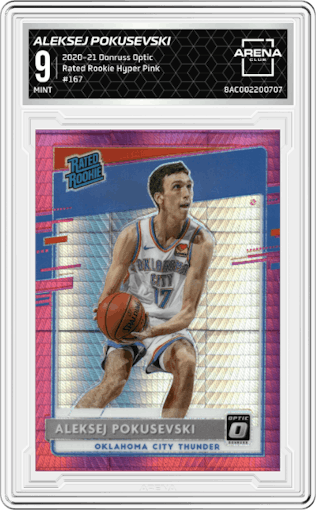 Aleksej Pokusevski from the 2020-21 Panini Donruss Optic set featuring a Hyper Pink parallel graded by Arena Club and given an overall grade of 9.