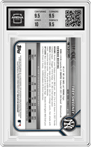 Trey Sweeney from the 2022 Bowman Chrome set featuring a Fuchsia Pink Vapor Refractor parallel graded by Arena Club and given an overall grade of 10.