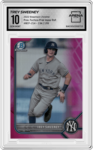 Trey Sweeney from the 2022 Bowman Chrome set featuring a Fuchsia Pink Vapor Refractor parallel graded by Arena Club and given an overall grade of 10.