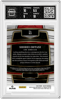 Shohei Ohtani from the 2022 Panini Select set featuring a Tri-Color parallel graded by Arena Club and given an overall grade of 9.5.