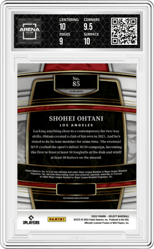 Shohei Ohtani from the 2022 Panini Select set featuring a Tri-Color parallel graded by Arena Club and given an overall grade of 9.5.