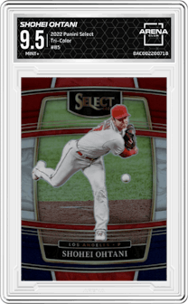 Shohei Ohtani from the 2022 Panini Select set featuring a Tri-Color parallel graded by Arena Club and given an overall grade of 9.5.