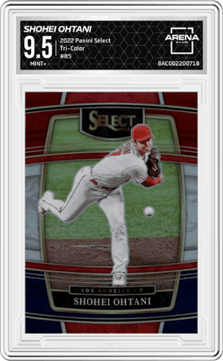 Shohei Ohtani from the 2022 Panini Select set featuring a Tri-Color parallel graded by Arena Club and given an overall grade of 9.5.