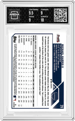 Michael Harris II from the 2023 Topps Chrome set graded by Arena Club and given an overall grade of 9.5.