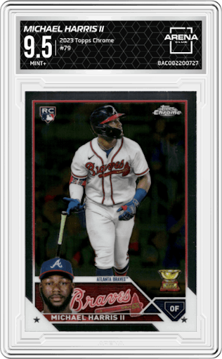 Michael Harris II from the 2023 Topps Chrome set graded by Arena Club and given an overall grade of 9.5.