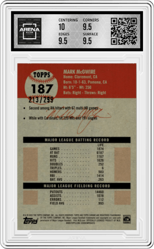Mark McGwire from the 2022 Topps Chrome Platinum Anniversary set featuring a Aqua Lava Refractor  parallel graded by Arena Club and given an overall grade of 10.