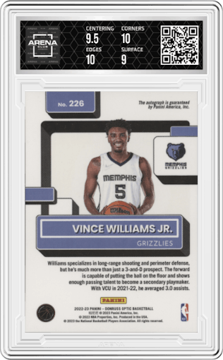 Vince Williams Jr. from the 2022-23 Panini Donruss Optic  set graded by Arena Club and given an overall grade of 9.5.