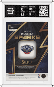 Dyson Daniels from the 2022-23 Panini Select set featuring a Purple Prizm parallel graded by Arena Club and given an overall grade of 9.