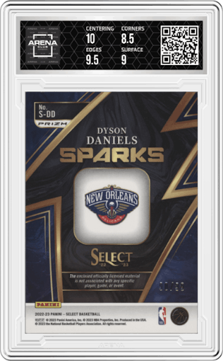 Dyson Daniels from the 2022-23 Panini Select set featuring a Purple Prizm parallel graded by Arena Club and given an overall grade of 9.