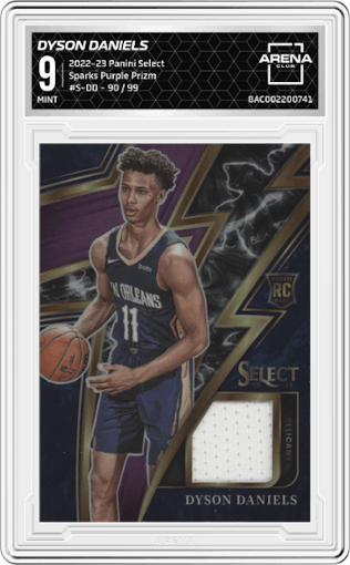 Dyson Daniels from the 2022-23 Panini Select set featuring a Purple Prizm parallel graded by Arena Club and given an overall grade of 9.