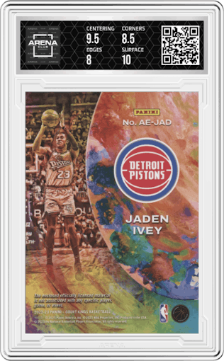 Jaden Ivey from the 2022-23 Panini Court Kings set graded by Arena Club and given an overall grade of 8.5.