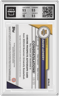 Zaide Lowery from the 2023-24 Bowman U Chrome set featuring a Green Refractor parallel graded by Arena Club and given an overall grade of 10.