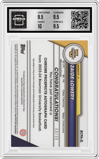 Zaide Lowery from the 2023-24 Bowman U Chrome set featuring a Green Refractor parallel graded by Arena Club and given an overall grade of 10.