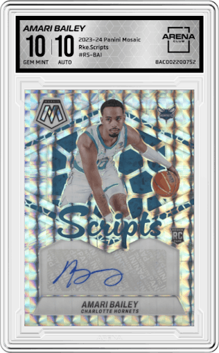 Amari Bailey from the 2023-24 Panini Mosaic set graded by Arena Club and given an overall grade of 10.