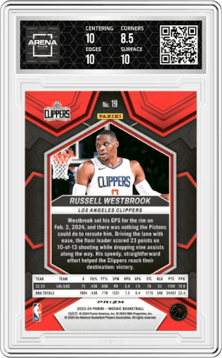Russell Westbrook  from the 2023-24 Panini Mosaic set featuring a Green Mosaic parallel graded by Arena Club and given an overall grade of 9.