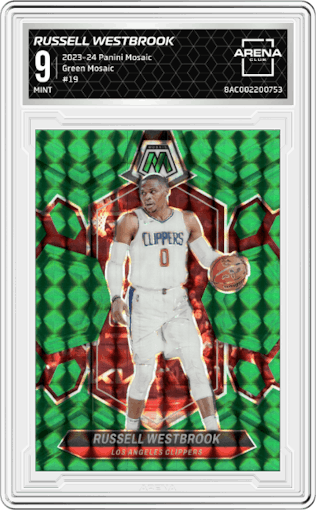 Russell Westbrook  from the 2023-24 Panini Mosaic set featuring a Green Mosaic parallel graded by Arena Club and given an overall grade of 9.