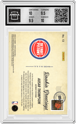 Ausar Thompson from the 2023-24 Panini NBA Hoops set graded by Arena Club and given an overall grade of 10.