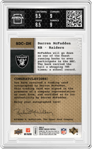 Darren McFadden from the 2008 SP Rookie Threads set graded by Arena Club and given an overall grade of 9.