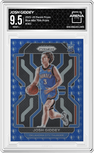 Josh Giddey from the 2021-22 Panini Prizm  set featuring a Blue NBA 75th Prizm parallel graded by Arena Club and given an overall grade of 9.5.