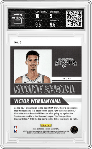 Victor Wembanyama from the 2023-24 Panini NBA Hoops set graded by Arena Club and given an overall grade of 9.5.