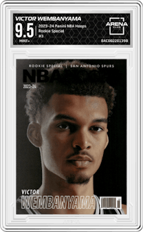Victor Wembanyama from the 2023-24 Panini NBA Hoops set graded by Arena Club and given an overall grade of 9.5.