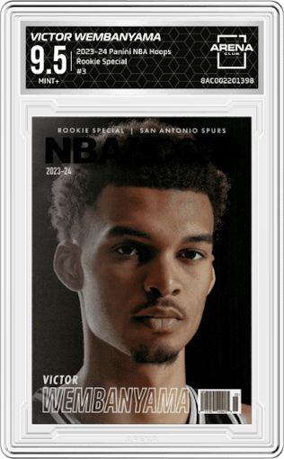 Victor Wembanyama from the 2023-24 Panini NBA Hoops set graded by Arena Club and given an overall grade of 9.5.